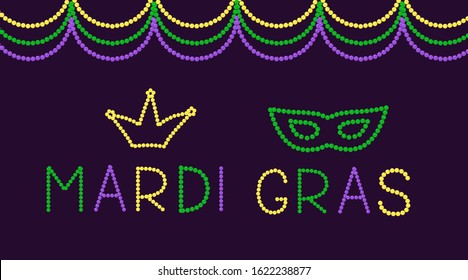 Mardi Gras lettering and mask made of colorful beads. Traditional carnival in New Orleans. Fat or Shrove Tuesday typography poster.  Vector template for banner, greeting card, flyer, party invitation.