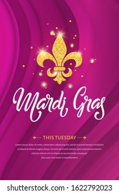 Mardi gras lettering poster. Fat tuesday vector handwritten typography and golden lily logo on the purple background.