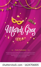 Mardi gras lettering poster. Fat tuesday vector handwritten typography, golden mask, beads and flags on the purple background.