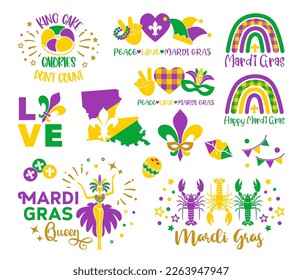 Mardi Gras lettering quotes, design element , flat style. Collection Mardi Gras, mask with feathers, beads, joker, fleur de lis, comedy and tragedy, party decorations. Vector illustration, clip art