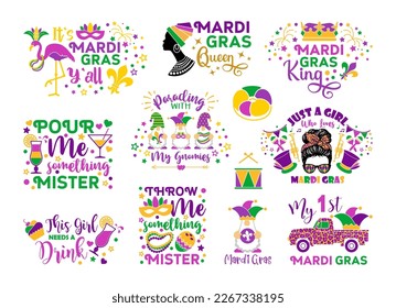 Mardi Gras lettering quotes, design element , flat style. Collection Mardi Gras, mask with feathers, beads, joker, fleur de lis, comedy and tragedy, party decorations. Vector illustration, clip art