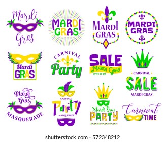 Mardi Gras lettering typography set. Emblems, logo with text sign, masquerade mask, feathers, beads, joker, fleur de lis for greeting cards, banners, gift for fat tuesday, carnival, party, sale