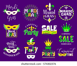 Mardi Gras lettering typography set. Emblems, logo with text sign, masquerade mask, feathers, beads, joker, fleur de lis for greeting cards, banners, gift for fat tuesday, carnival, party, sale