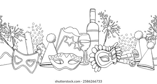 Mardi Gras line vector seamless border with masquerade masks, party horns, wine bottle and sparklers. Black and white ink illustration for Purim carnival with festive accessories for coloring