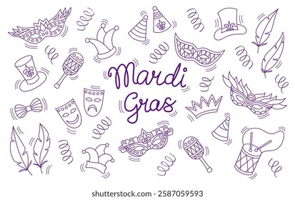 Mardi Gras Linear vector collection. Isolated Fat Tuesday hand drawn accessories for carnival designs