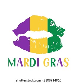 Mardi Gras lipstick kiss. Traditional carnival in New Orleans. Fat or Shrove Tuesday decorations. Green, purple and yellow lips. Vector template for poster, banner, flyer, party invitation, etc.