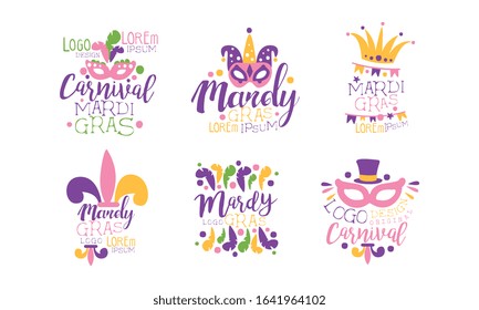 Mardi Gras Logo Design Templates Collection, Colorful Carnival Festive Labels Vector Illustration
