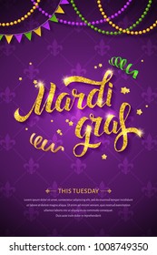 Mardi gras logo with golden hand written lettering, ribbons, beads and stars on traditional purple background. Fat tuesday greeting card