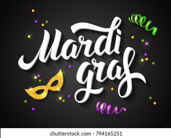 Mardi gras logo. Hand drawn lettering. Vector greeting card with golden mask, shining beads and ribbons on a black background. Fat tuesday poster.