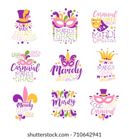 Mardi Gras logo set original design, hand drawn colorful vector Illustrations