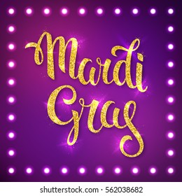 Mardi gras logo. Vector greeting card with hand drawn lettering, shining beads and golden fat tuesday symbols.
