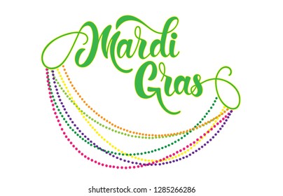 Mardi Gras logotype. Festival vector banner. Illustration with beads of Mardi Gras festival design on white background. Green, yellow and violet lettering typography for logo, poster, card, postcard.