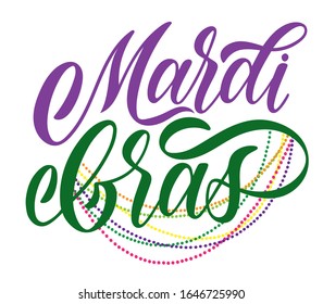 Mardi Gras logotype. Festival vector banner. Illustration with beads of Mardi Gras festival design on white background. Green, yellow and violet lettering typography for logo, poster, card, postcard.