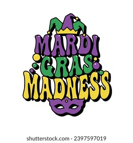 mardi gras madness groovy lettering, carnival, festival, party invitation design, vector sticker
