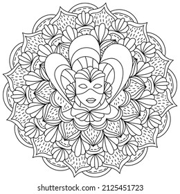 Página de coloreo Mardi Gras mandala para la creatividad de las vacaciones, máscara de mascarada con alto collar y patrones ornamentales ilustración vectorial