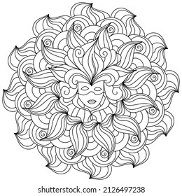 Mardi Gras mandala coloring page for holiday creativity, Masquerade high mask with spirals vector illustration