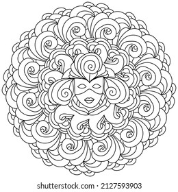 Mardi Gras mandala coloring page for holiday creativity, Masquerade mask with wide ornate elements vector illustration