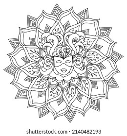 Mardi Gras mandala coloring page for holiday creativity, Masquerade mask with swirls vector illustration