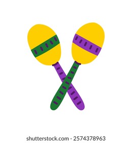 Mardi Gras Maracas Symbol. Traditional festive musical instrument icon. Purple Green Yellow sound equipment. Musical sign. Vector illustration