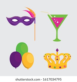 Mardi gras mask balloons cocktail and crown design, Party carnival decoration celebration festival holiday fun new orleans and traditional theme Vector illustration