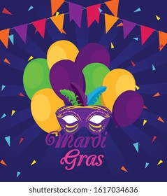 Mardi gras mask and balloons design, Party carnival decoration celebration festival holiday fun new orleans and traditional theme Vector illustration