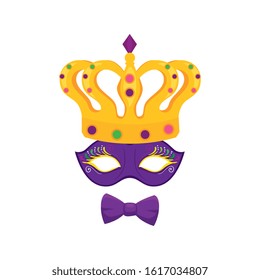 Mardi gras mask bowtie and crown design, Party carnival decoration celebration festival holiday fun new orleans and traditional theme Vector illustration