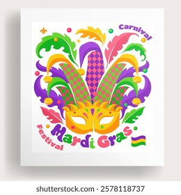 Mardi Gras mask, carnival flag, mockup. Venetian mask is decorated with feathers, beads, bells.