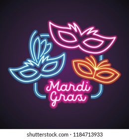 mardi gras for mask carnival with neon light effect. vector illustration