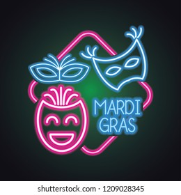 mardi gras for mask carnival with neon light effect. vector illustration