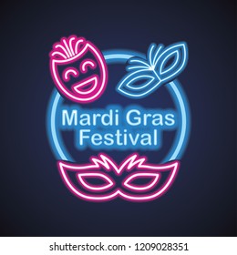 mardi gras for mask carnival with neon light effect. vector illustration