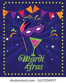 Mardi gras mask and cocktail design, Party carnival decoration celebration festival holiday fun new orleans and traditional theme Vector illustration