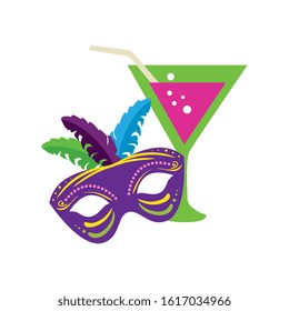 Mardi gras mask and cocktail design, Party carnival decoration celebration festival holiday fun new orleans and traditional theme Vector illustration
