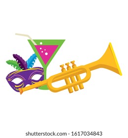 Mardi gras mask cocktail and trumpet design, Party carnival decoration celebration festival holiday fun new orleans and traditional theme Vector illustration