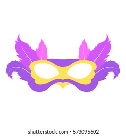 Mardi gras mask with color feather. Icon colorful props for carnival or theater.