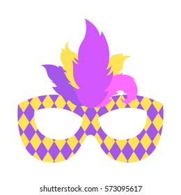 Mardi gras mask with color feather. Icon colorful props for carnival or theater.