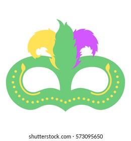 Mardi gras mask with color feather. Icon colorful props for carnival or theater.