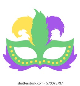Mardi gras mask with color feather. Icon colorful props for carnival or theater.