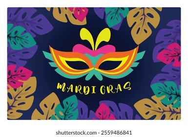 Mardi Gras mask with colorful tropical leaves in the background. Describes a lively and exciting party atmosphere. Carnival party concept. Flat vector illustration.