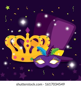Mardi gras mask and crown design, Party carnival decoration celebration festival holiday fun new orleans and traditional theme Vector illustration