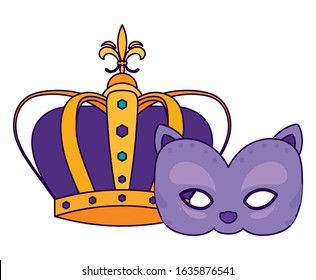 Mardi gras mask and crown design, Party carnival decoration celebration festival holiday fun new orleans and traditional theme Vector illustration