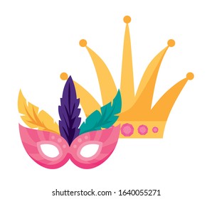 Mardi Gras mask and crown design. Party carnival decoration celebration festival holiday fun New Orleans and traditional theme. Vector illustration.
