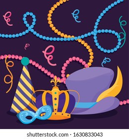 Mardi gras mask crown and hats design, Party carnival decoration celebration festival holiday fun new orleans and traditional theme Vector illustration
