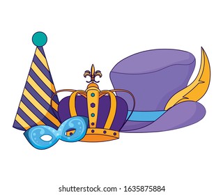 Mardi gras mask crown and hats design, Party carnival decoration celebration festival holiday fun new orleans and traditional theme Vector illustration