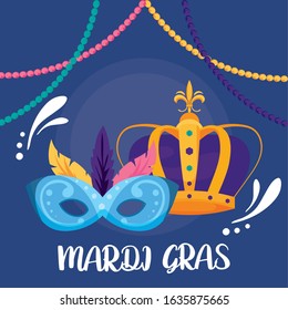 Mardi gras mask and crown with necklaces design, Party carnival decoration celebration festival holiday fun new orleans and traditional theme Vector illustration