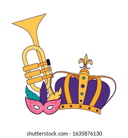 Mardi gras mask crown and trumpet design, Party carnival decoration celebration festival holiday fun new orleans and traditional theme Vector illustration