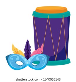 Mardi Gras mask and drum design. Party carnival decoration celebration festival holiday fun New Orleans and traditional theme. Vector illustration.