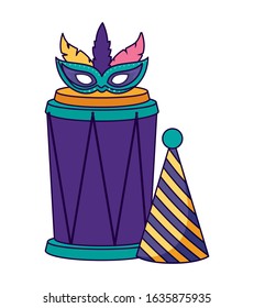Mardi gras mask drum and hat design, Party carnival decoration celebration festival holiday fun new orleans and traditional theme Vector illustration