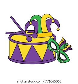 mardi gras mask drum hat jester and sticks