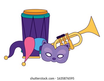 Mardi gras mask drum trumpet and hat design, Party carnival decoration celebration festival holiday fun new orleans and traditional theme Vector illustration