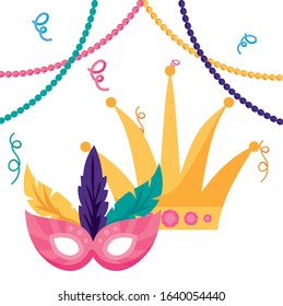 Mardi Gras mask with feathers and crown design. Party carnival decoration celebration festival holiday fun New Orleans and traditional theme. Vector illustration.
